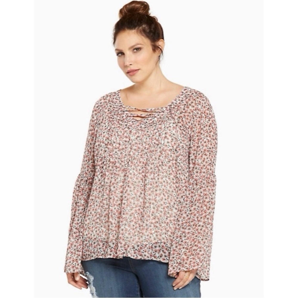 Torrid Lace Up Chiffon Bell Sleeve Floral Blouse